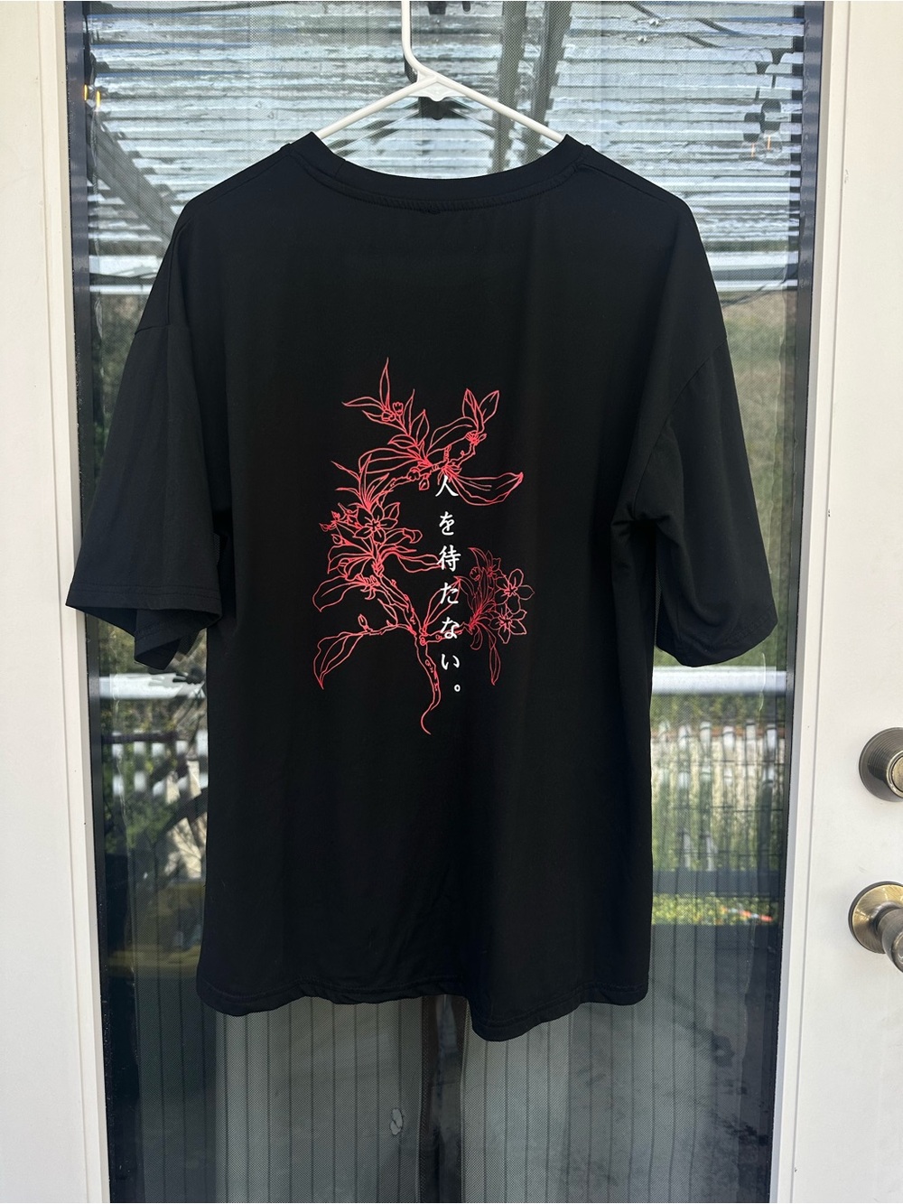 Black Graphic Tee with Red Floral Print